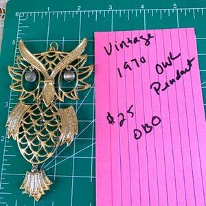 Vintage 1960-70s Large Owl Pendant NO Chain Reticulated Gold Tone Dangle Body